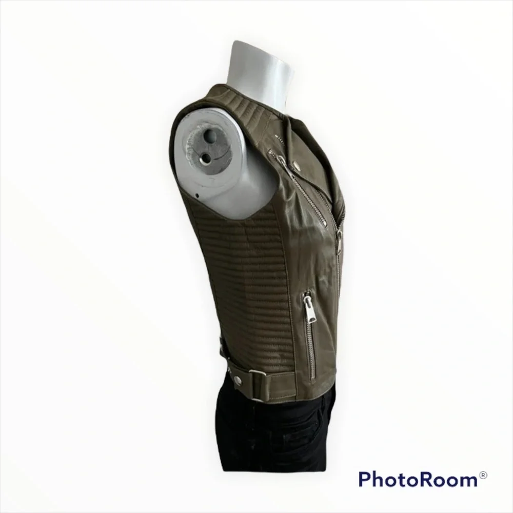 Anine Bing Olive Green Lamb Leather Moto Vest Sleeveless XS
